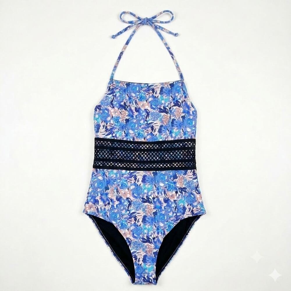 H&M Watercolor Floral Lattice Trim One Piece Swimsuit Blue Tie Neck Womens 10